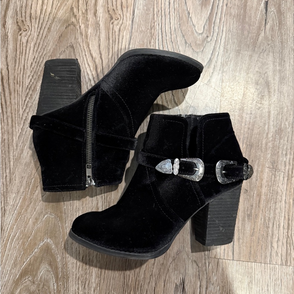 Not Rated Black Velvet Western Buckle Ankle Booties